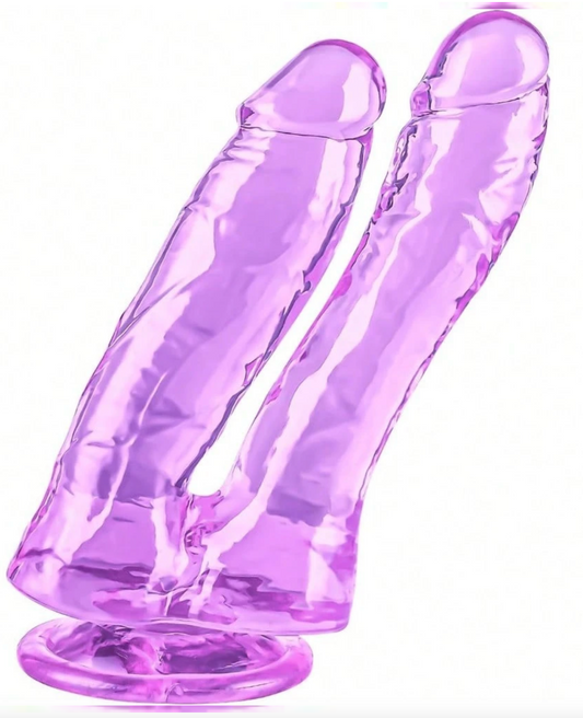DILDO DOBLE PENETRACIÓN MORADO – JUGUETE SEXUAL REALISTA CON BASE SUCCIÓN | PLACER ANAL Y VAGINAL A LA VEZ