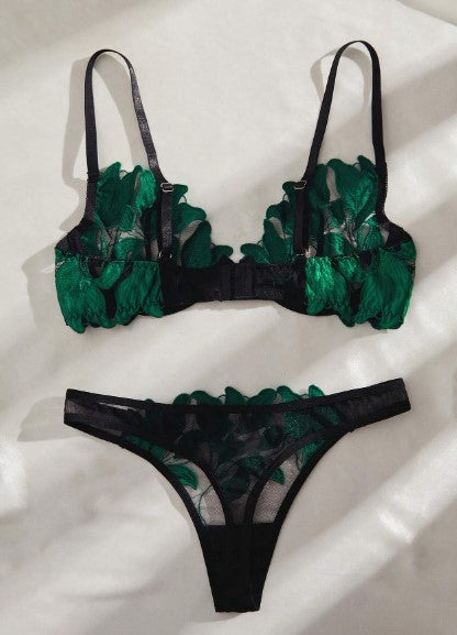 LENCERIA DE DOS PIEZAS TRANSPARENTE FLORAL VERDE