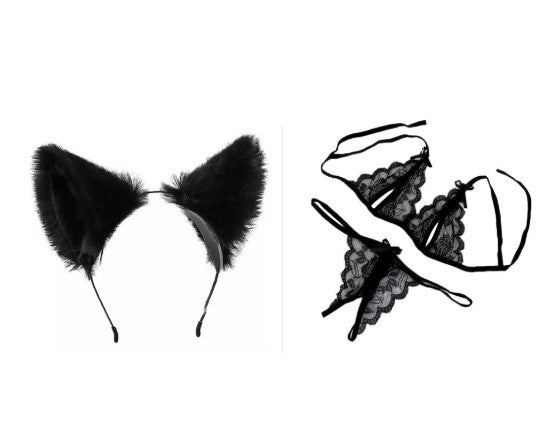 SET DIADEMA GATA PELUDA Y LENCERIA SEXY