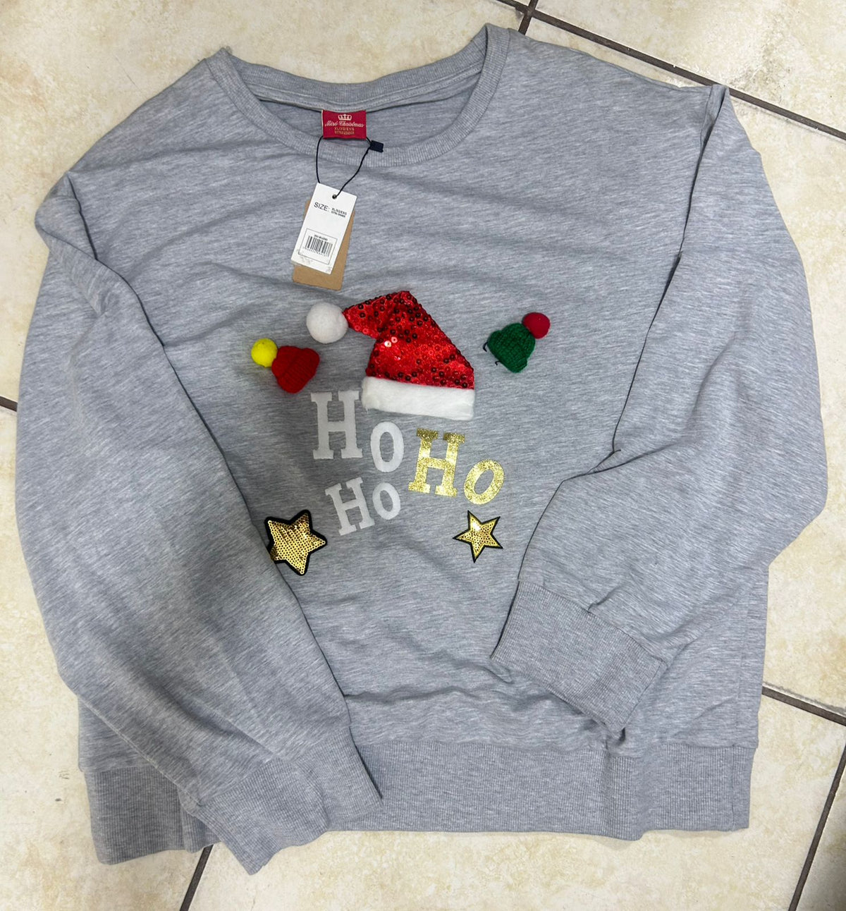 🎄 SUÉTER GRIS “HO HO HO” CON DETALLES NAVIDEÑOS – TALLA XL
