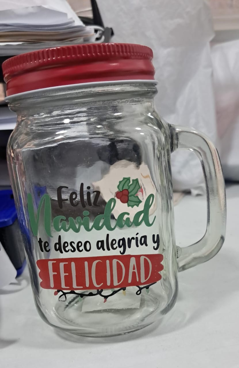🩸 TARRO NAVIDEÑA DE VIDRIO “FELIZ NAVIDAD” CON TAPA ROJA – AMALILI