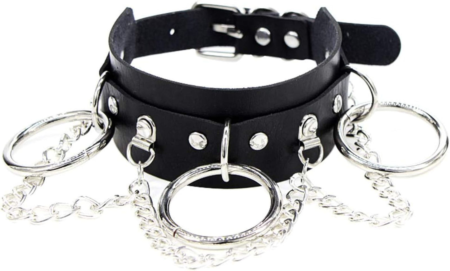 COLLAR BDSM DE CUERO CON AROS Y CADENAS METÁLICAS AJUSTABLE