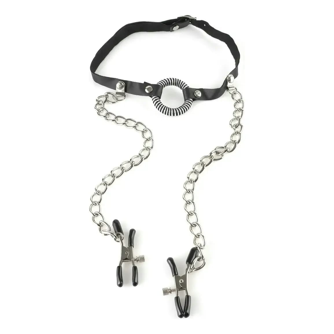 Set BDSM Mordaza O-Ring + Pinzas Ajustables para Pezones con Cadenas – Fetish Fantasy
