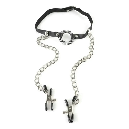 Set BDSM Mordaza O-Ring + Pinzas Ajustables para Pezones con Cadenas – Fetish Fantasy