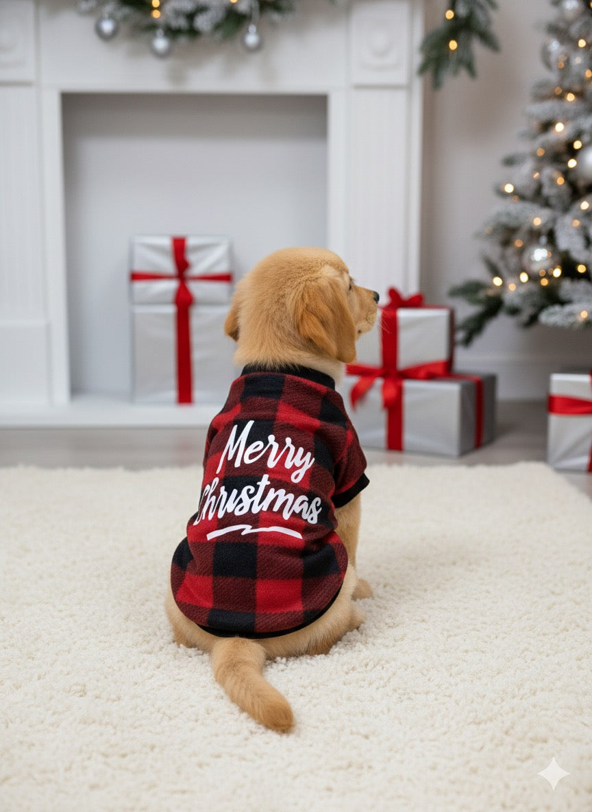 🐶 PIJAMA DE CUADROS ROJOS Y NEGROS MERRY CHRISTMAS PARA MASCOTAS