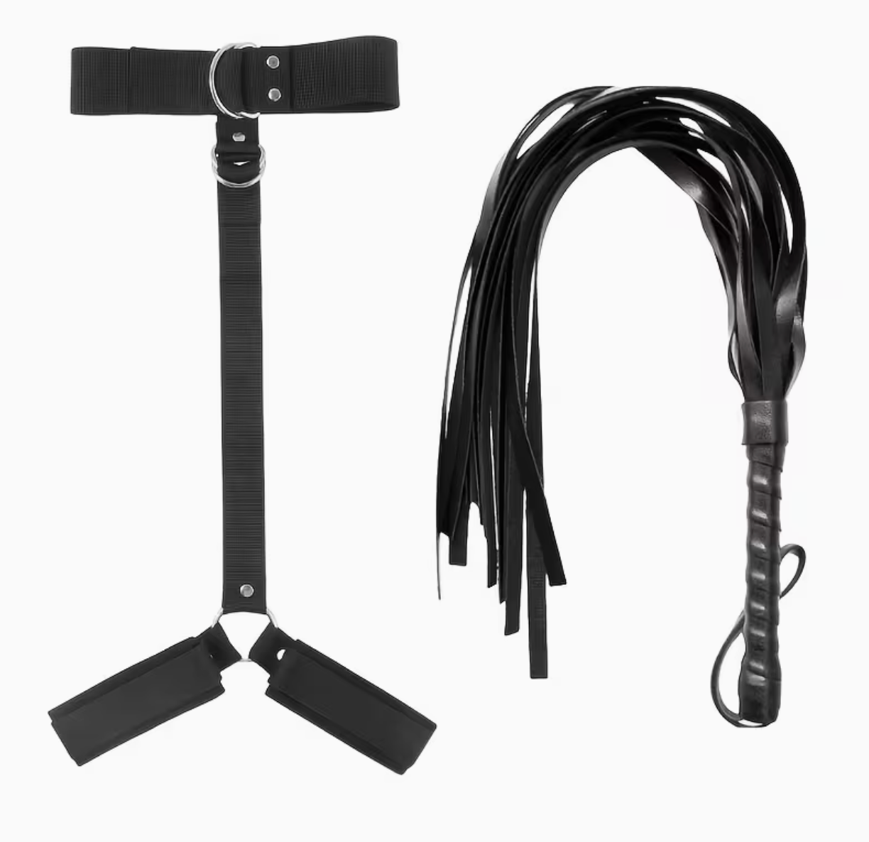 SET ARNÉS DE CUELLO CON ESPOSAS TRASERAS + LÁTIGO BDSM AJUSTABLE