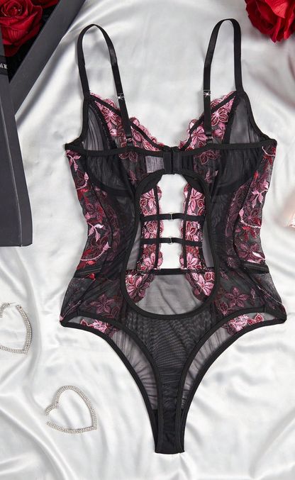 Body de Encaje Floral Transparente para Mujer con Espalda Abierta