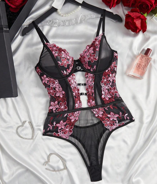 Body de Encaje Floral Transparente para Mujer con Espalda Abierta