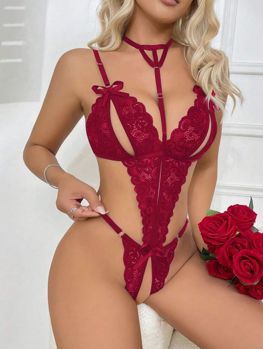 BODY DE ENCAJE ROJO ABIERTO DE ENTREPIERNA Y PECHOS