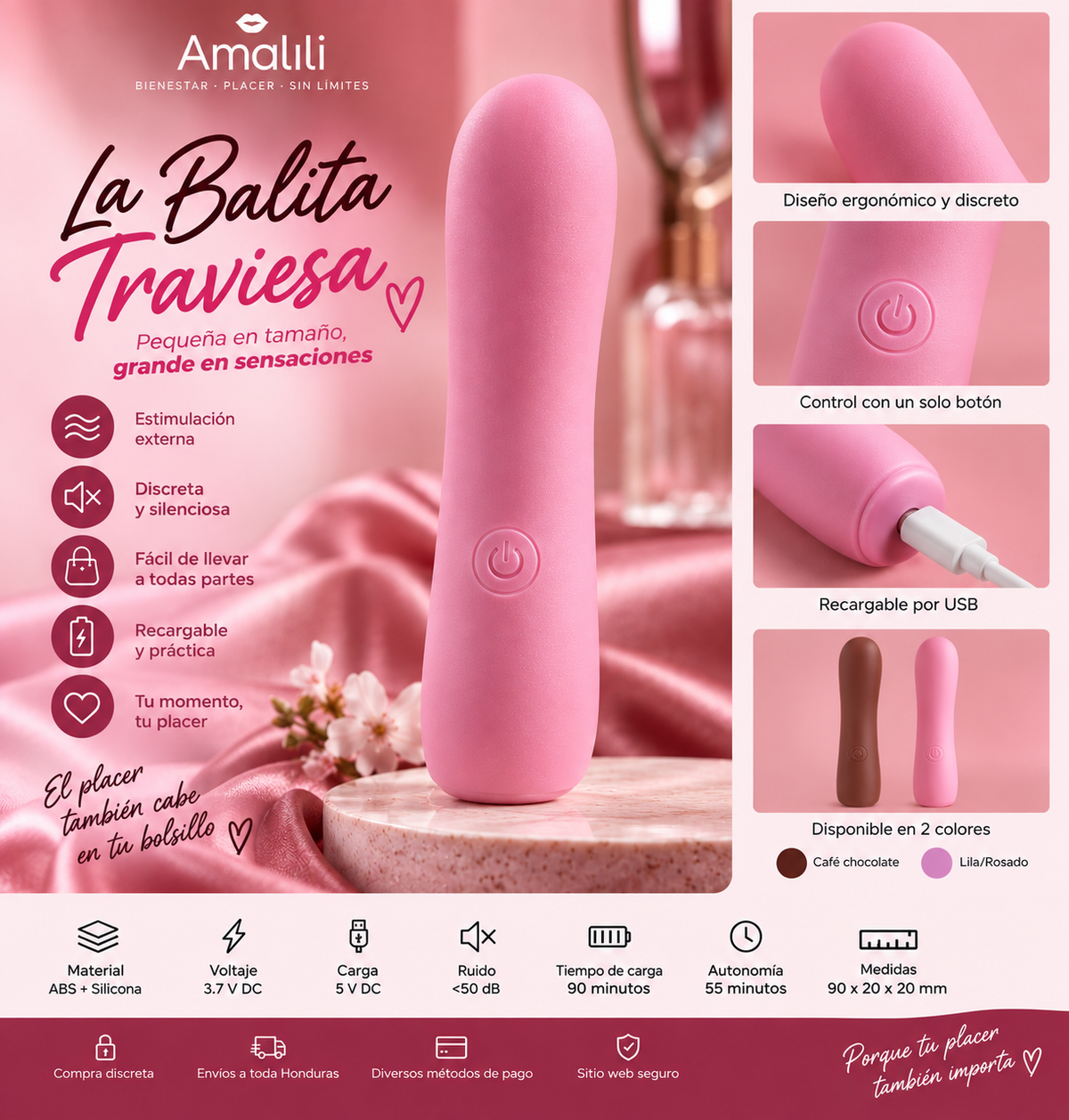 Vibrador Bala Recargable Rosado – La Balita Traviesa | Compacto y Silencioso