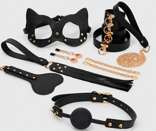 Kit BDSM Premium 10 en 1 de Lujo con Máscara, Esposas, Mordaza y Látigo