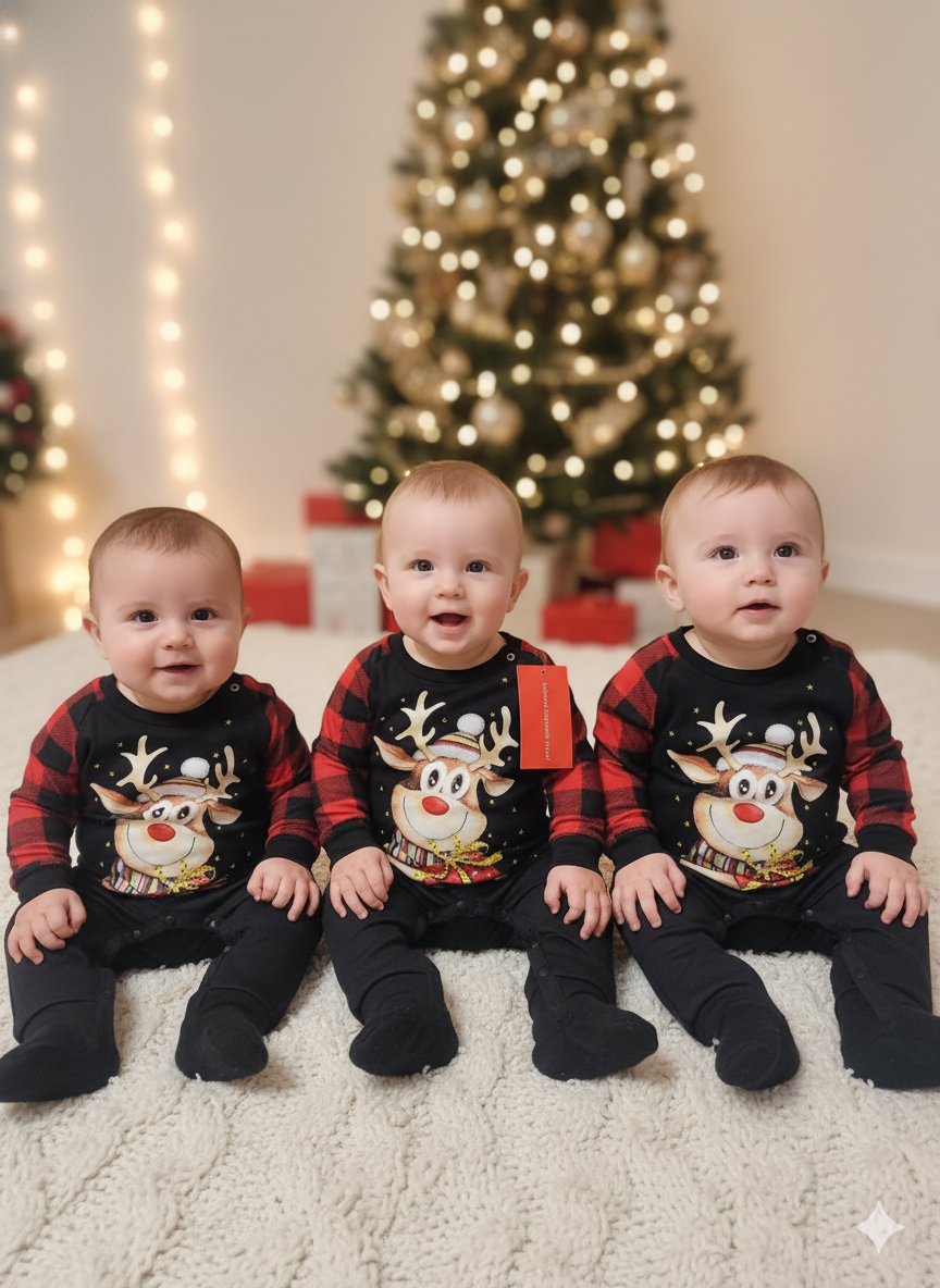 PIJAMAS FAMILIARES Y MAMELUCO NAVIDEÑO RENO ROJO Y NEGRO – AMALILI 2024