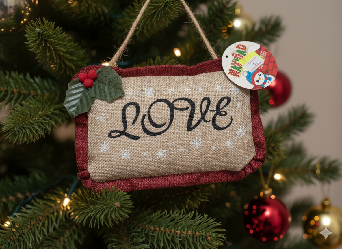 ADORNO NAVIDEÑO “LOVE” EN YUTE CON DETALLES DE HOJAS Y FRUTOS