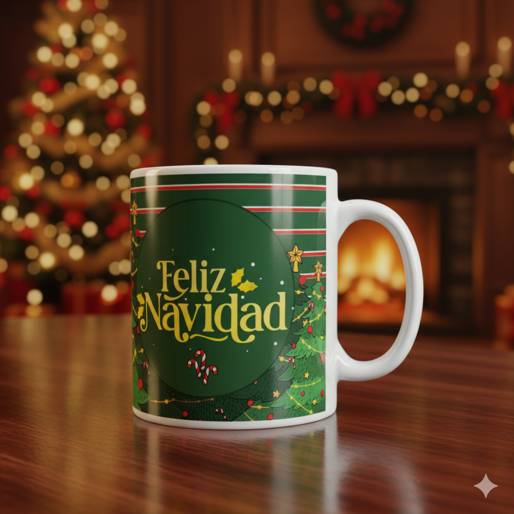 TAZA NAVIDEÑA “FELIZ NAVIDAD” VERDE CON ÁRBOL Y DETALLES FESTIVOS – SURTIDO 🎄