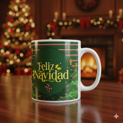 TAZA NAVIDEÑA “FELIZ NAVIDAD” VERDE CON ÁRBOL Y DETALLES FESTIVOS – SURTIDO 🎄