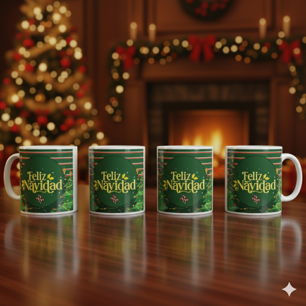 TAZA NAVIDEÑA “FELIZ NAVIDAD” VERDE CON ÁRBOL Y DETALLES FESTIVOS – SURTIDO 🎄