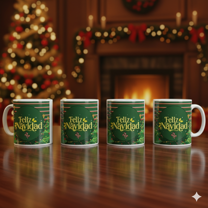 TAZA NAVIDEÑA “FELIZ NAVIDAD” VERDE CON ÁRBOL Y DETALLES FESTIVOS – SURTIDO 🎄