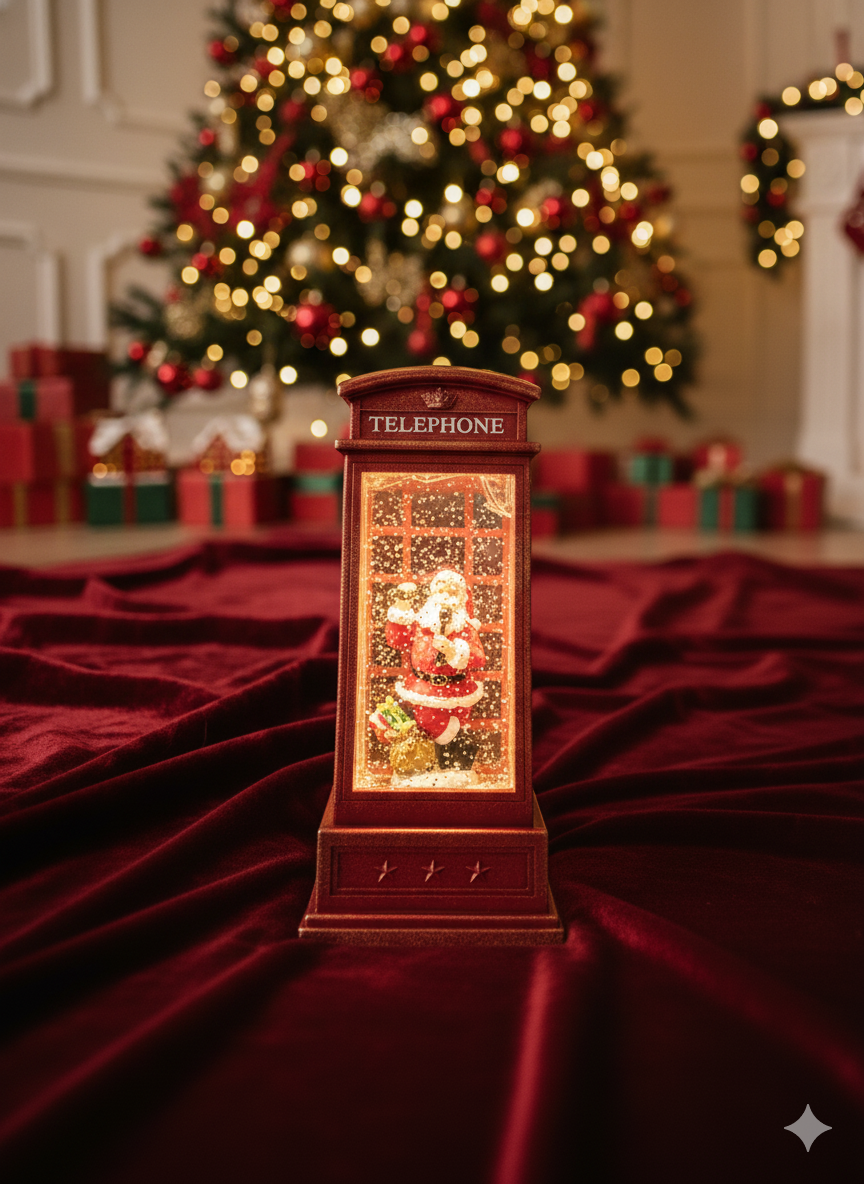 📞🎅 LÁMPARA NAVIDEÑA CABINA TELEFÓNICA CON NIEVE Y SANTA – DECORACIÓN PREMIUM