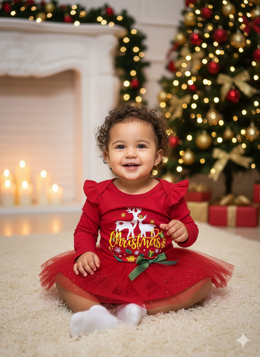 🎄 CONJUNTO NAVIDEÑO PARA NIÑA – BODY CON FALDA DE TUL Y DISEÑO DE RENOS 18-24 MESES