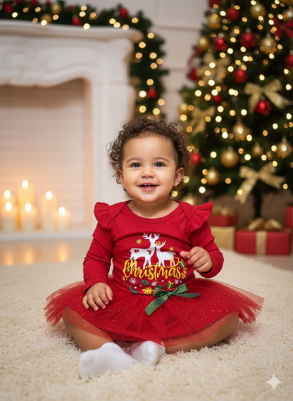 🎄 CONJUNTO NAVIDEÑO PARA NIÑA – BODY CON FALDA DE TUL Y DISEÑO DE RENOS 18-24 MESES