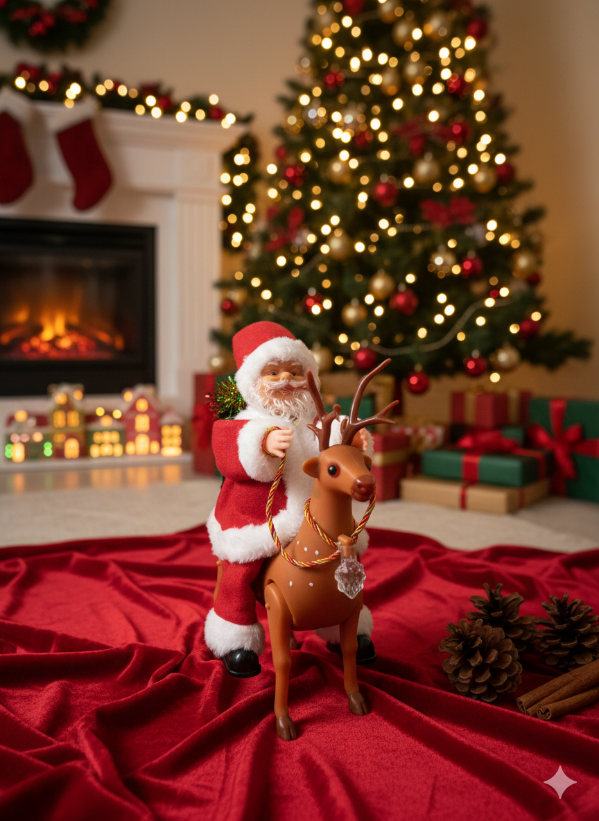 🎅🦌 SANTA CLAUS MONTADO EN RENITO – FIGURA NAVIDEÑA ANIMADA / DECORATIVA