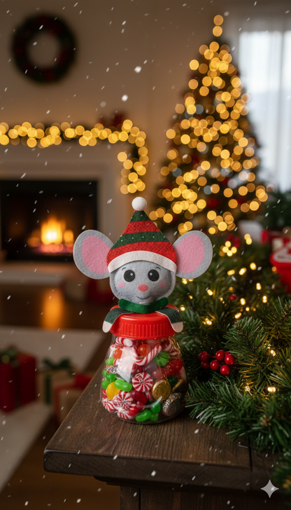 FRASCO NAVIDEÑO CON TAPA ROJA Y MUÑECO RATÓN – DECORACIÓN Y ALMACENAJE FESTIVO