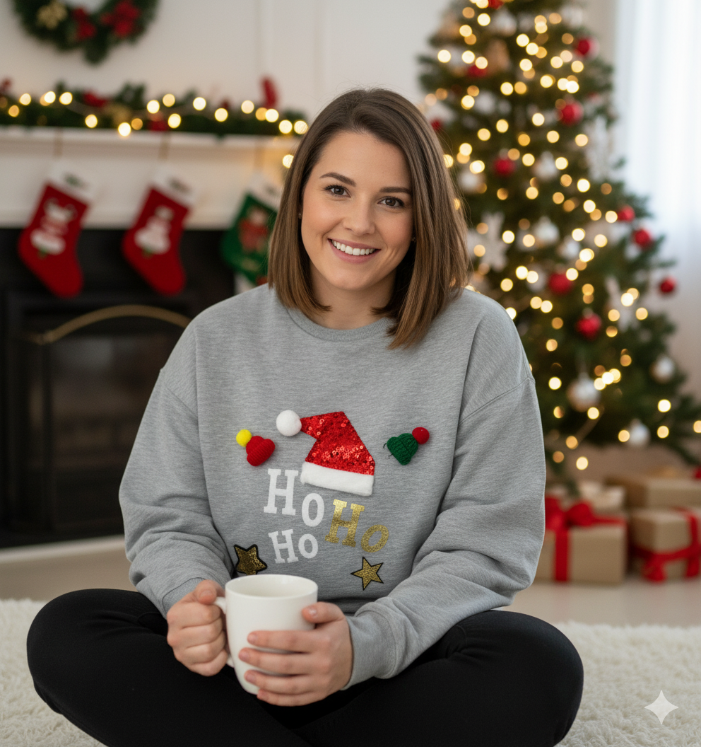 🎄 SUÉTER GRIS “HO HO HO” CON DETALLES NAVIDEÑOS – TALLA XL