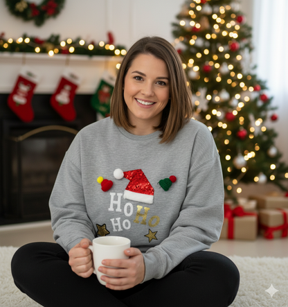🎄 SUÉTER GRIS “HO HO HO” CON DETALLES NAVIDEÑOS – TALLA XL