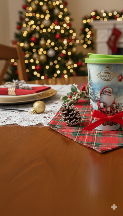 VASO NAVIDEÑO DE SANTA CON TAPA VERDE – EDICIÓN “FELIZ NAVIDAD”