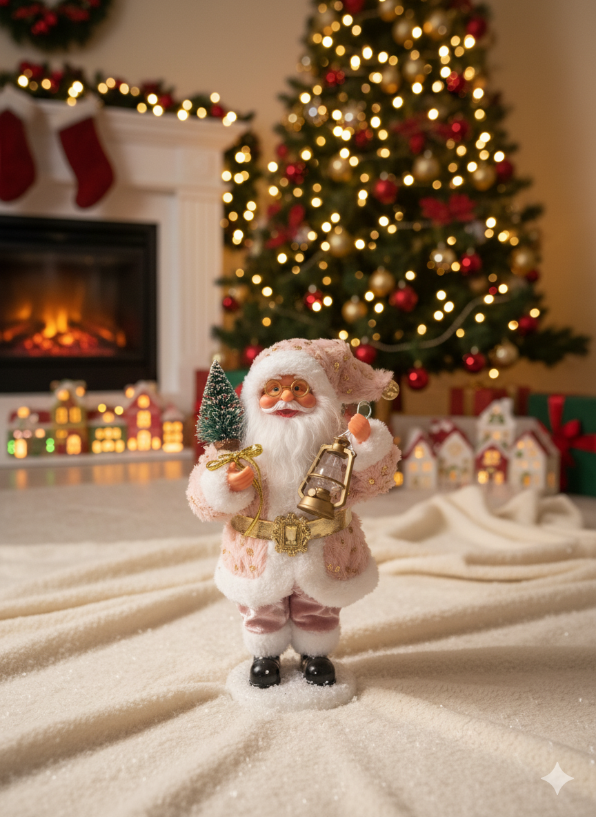 ✨🎅 SANTA CLAUS ROSA CON FAROL – FIGURA NAVIDEÑA DE LUJO