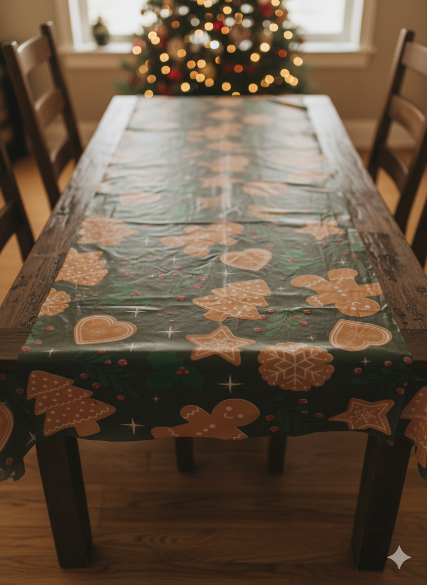 🎄 MANTEL NAVIDEÑO VERDE CON DIBUJOS DE GALLETAS DE JENGIBRE
