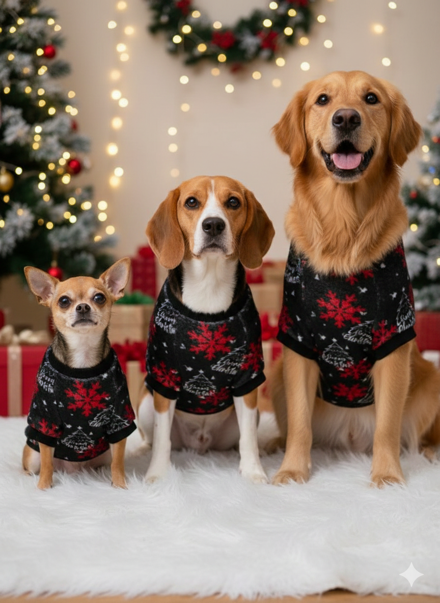 TRAJE NAVIDEÑO PARA PERROS – NEGRO CON COPOS ROJOS (TODAS LAS TALLAS)