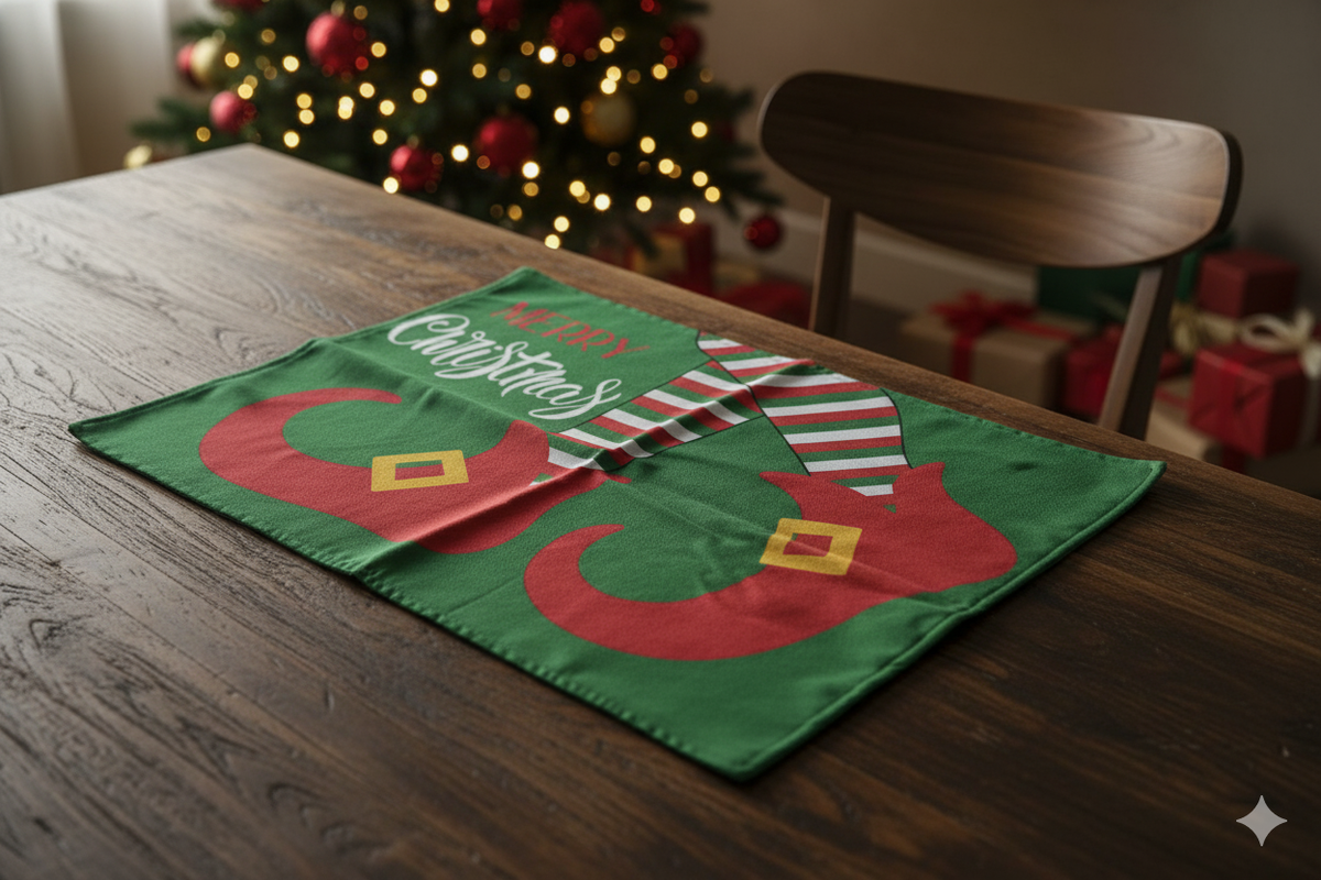 🎅 INDIVIDUAL DE MESA NAVIDEÑO VERDE “FELIZ NAVIDAD” CON BOTAS DE DUENDE