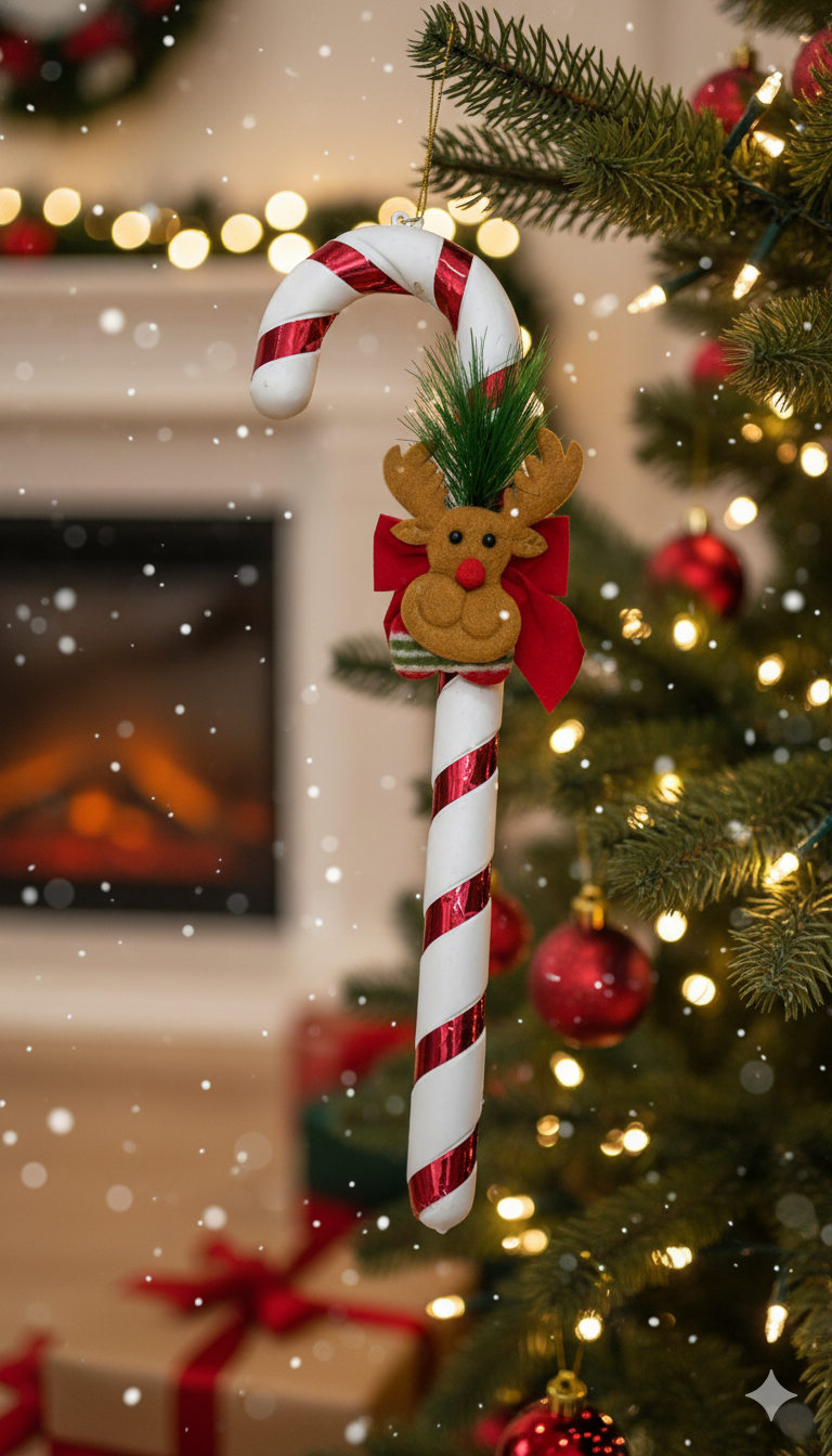 BASTÓN NAVIDEÑO DECORATIVO CON RENITO Y LAZO ROJO – ADORNO DE NAVIDAD