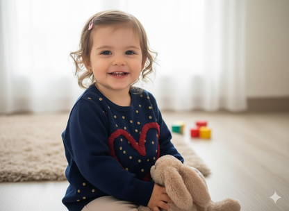💙 SUÉTER INFANTIL AZUL CON CORAZÓN ROJO – 2 AÑOS