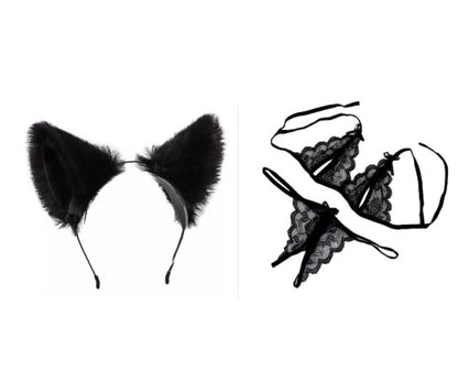 SET DIADEMA GATA PELUDA Y LENCERIA SEXY