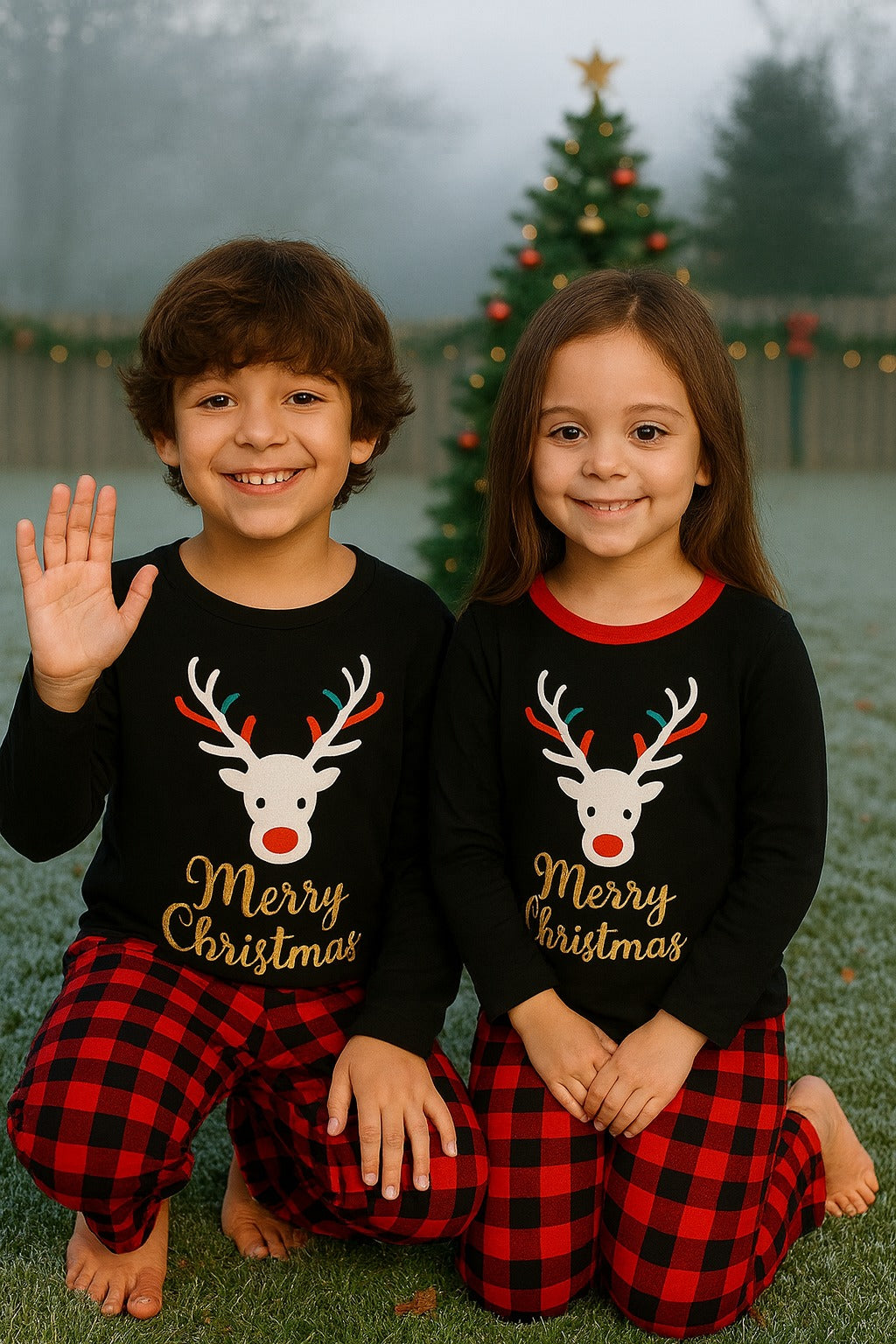 PIJAMAS NAVIDEÑAS DE NIÑO RENO MERRY CHRISTMAS – CUADRO ROJO Y NEGRO AMALILI