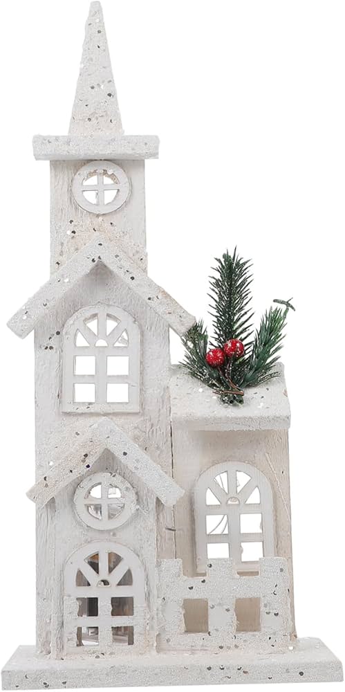 🕯️ CASA IGLESIA NAVIDEÑA BLANCA CON DETALLES EN PINO