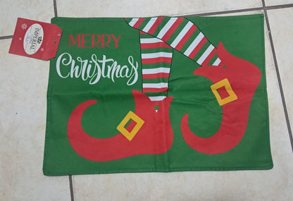 🎅 INDIVIDUAL DE MESA NAVIDEÑO VERDE “FELIZ NAVIDAD” CON BOTAS DE DUENDE