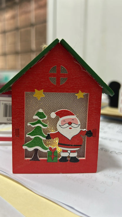 🎄 CASITA NAVIDEÑA DE MADERA CON SANTA Y BRILLO DECORATIVO