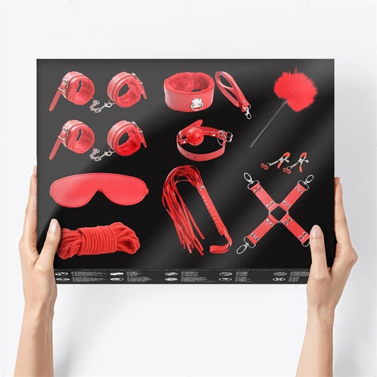 Kit bondage completo con esposas, látigo y accesorios para parejas