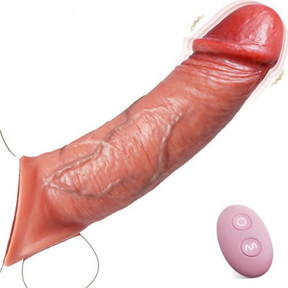 FUNDA EXTENSOR DE PENE REALISTA VIBRADOR RECARGABLE – MÁS LARGO Y GRUESO