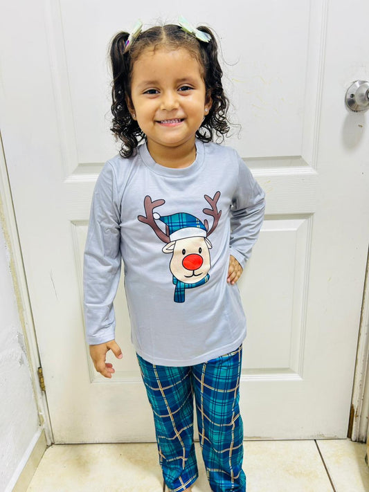🦌 PIJAMA NAVIDEÑA RENO AZUL NIÑO – FAMILIAR