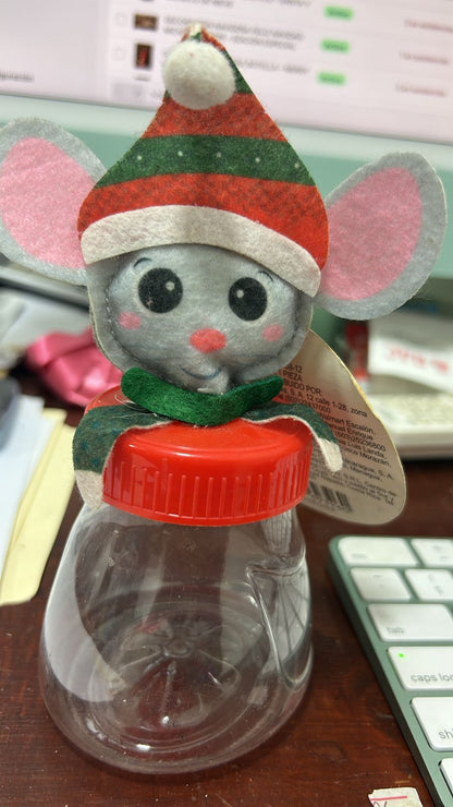FRASCO NAVIDEÑO CON TAPA ROJA Y MUÑECO RATÓN – DECORACIÓN Y ALMACENAJE FESTIVO