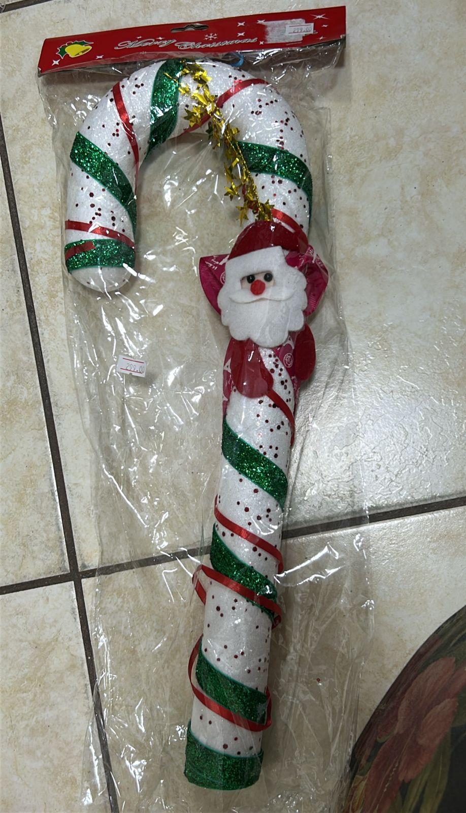 BASTÓN NAVIDEÑO GRANDE CON SANTA Y BRILLO – DECORACIÓN FESTIVA PARA PUERTA O PARED