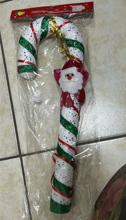BASTÓN NAVIDEÑO GRANDE CON SANTA Y BRILLO – DECORACIÓN FESTIVA PARA PUERTA O PARED