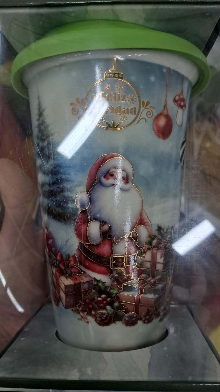 VASO NAVIDEÑO DE SANTA CON TAPA VERDE – EDICIÓN “FELIZ NAVIDAD”