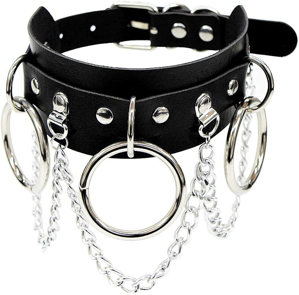 COLLAR BDSM DE CUERO CON AROS Y CADENAS METÁLICAS AJUSTABLE