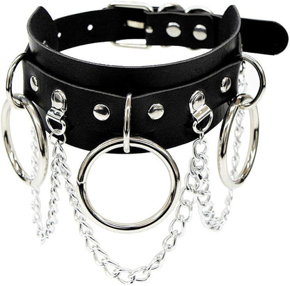 COLLAR BDSM DE CUERO CON AROS Y CADENAS METÁLICAS AJUSTABLE