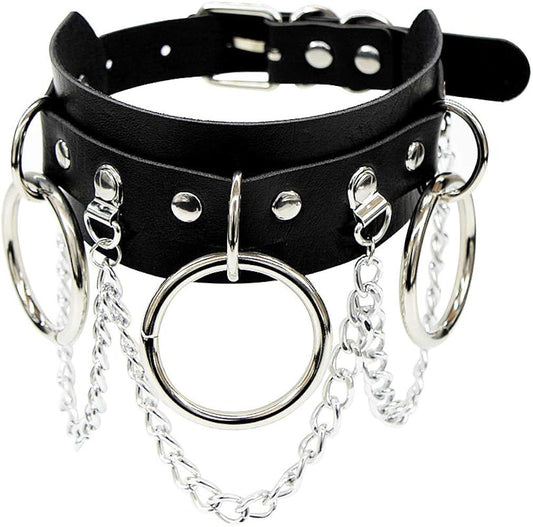 COLLAR BDSM DE CUERO CON AROS Y CADENAS METÁLICAS AJUSTABLE